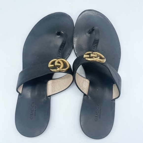Gucci Black leather double GG lifford thong flat sandals 38 - Picture 3 of 11